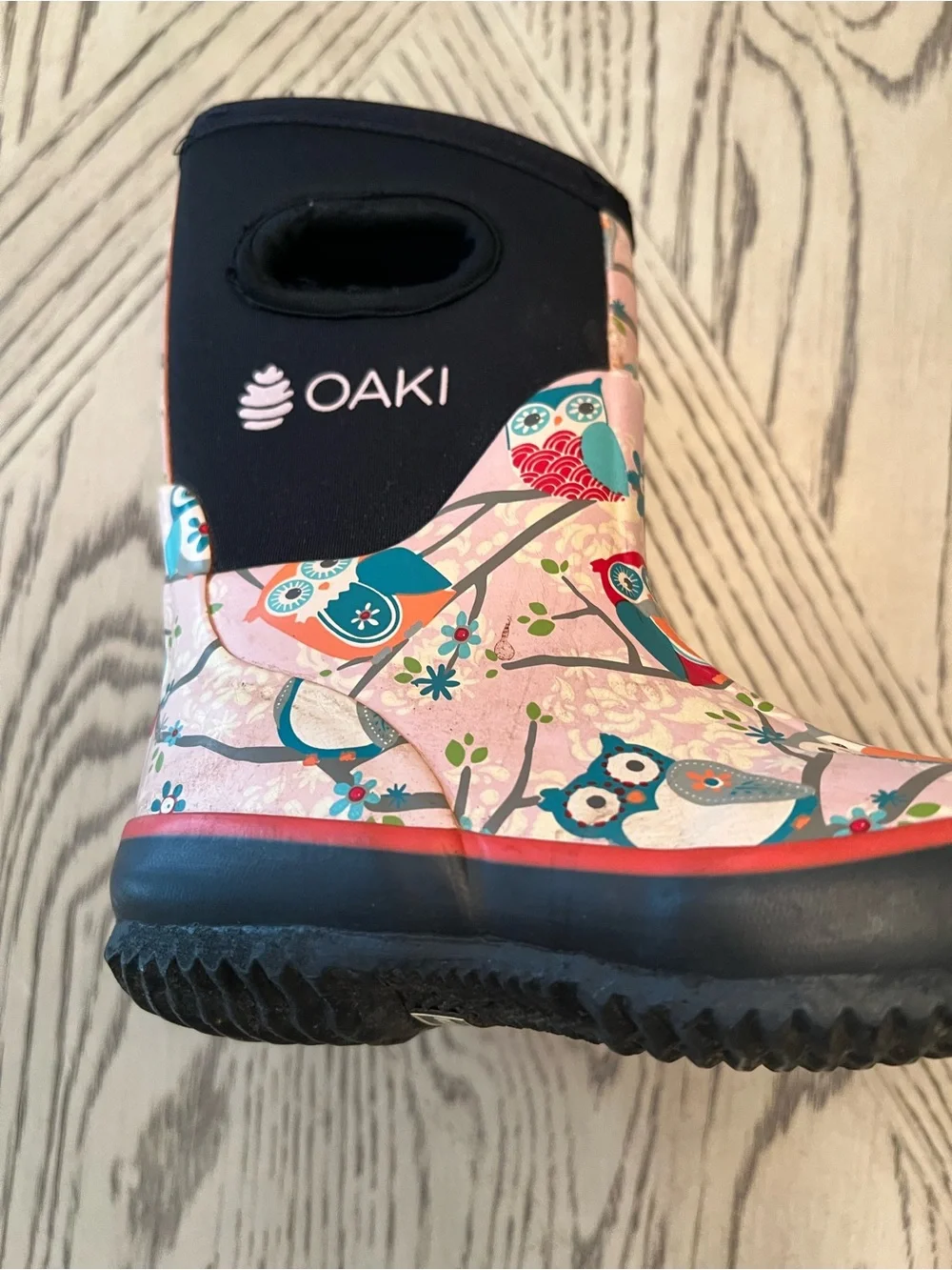OAKI Kid's Neoprene Waterproof Rain and Snow boots pink owl pattern sz 9 toddler